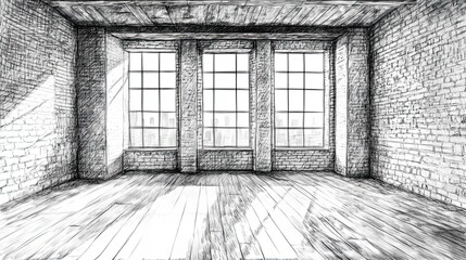 Poster - Sketch of a Brick Room with Large Windows and City View