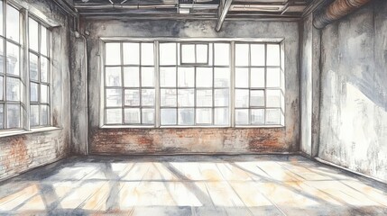 Sticker - Sunlit Empty Room Brick Walls Large Windows