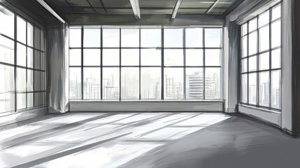 Poster - Empty Room With Large Windows and City View