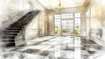 Wall Mural - Elegant Foyer Design With Staircase And Large Windows