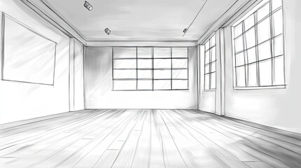 Poster - Sketch of an Empty Room with Large Windows and Wooden Floor