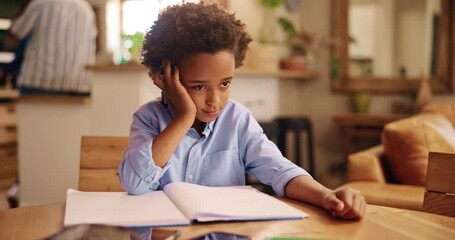 Poster - Education, thinking and writing with bored student in living room of home for homework or learning. ADHD, notebook and problem solving with African child in apartment for development or study
