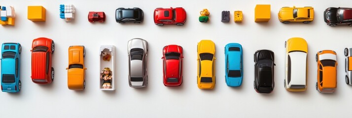 Aufkleber - Brightly colored toy cars, blocks, and dolls are arranged neatly on a white background, providing open space for adding text or messages. Generative AI