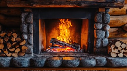 Canvas Print - Stone fireplace burning logs, rustic setting.