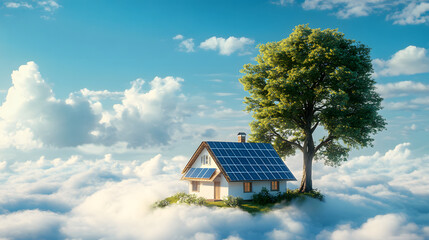 Wall Mural - A serene house with solar panels atop clouds, symbolizing sustainable living and innovation.