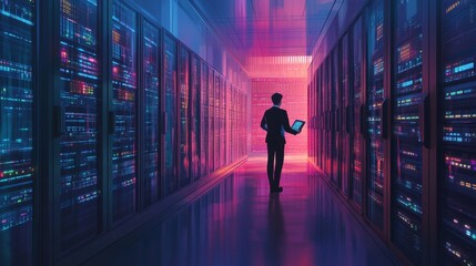 Poster - Data center operations technology hub digital infrastructure modern environment low angle view cybersecurity and efficiency