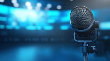 Poster - An interview is being recorded in a modern television studio, highlighting advanced media technologies with a blurred background for emphasis. Generative AI