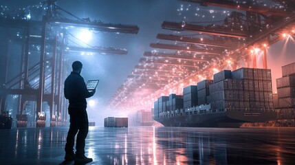 Poster - Logistics operations shipping yard industrial scene nighttime lighting wide shot supply chain management