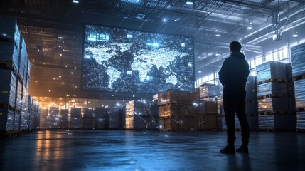 Poster - Warehouse data visualization event modern storage facility digital interface industrial environment perspectives on innovation