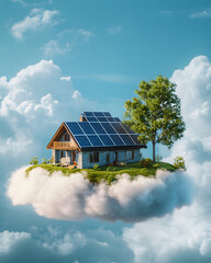 Wall Mural - A solar-powered house floating among clouds with a tree, symbolizing sustainable living.