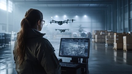 Poster - Drone operation training in industrial warehouse technology action scene urban environment overhead perspective for safety management