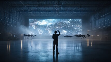 Poster - Drone surveillance technology modern hangar digital display industrial environment user perspective futuristic insights