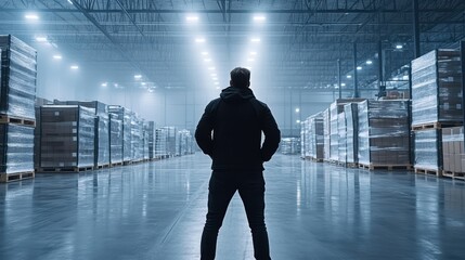 Poster - Warehouse operations manager overseeing inventory industrial facility digital content modern environment strategic viewpoint efficiency concept