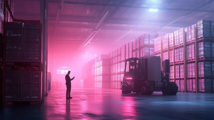 Poster - Warehouse operations forklift action in industrial space nighttime environment dramatic lighting concept