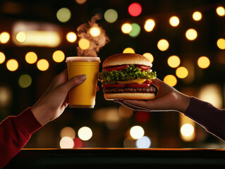 Sticker - fresh delicious burger and coffee cup closeup in human hands