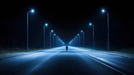 Aufkleber - A solitary person walks down an empty street under the glow of streetlights, casting long shadows in the dark night. Generative AI