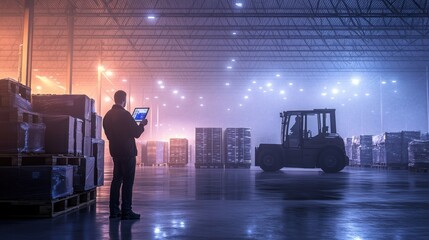 Poster - Warehouse operations forklift activity industrial space nighttime setting professional perspective efficiency and safety focus