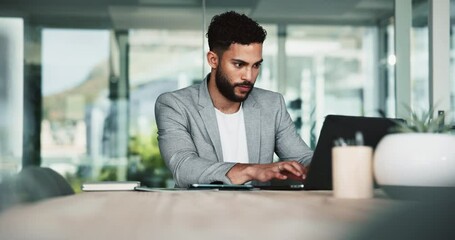 Leinwandbilder - Typing, business and man in office, laptop and internet with connection, journalist and network. Employee, professional and computer with digital app, research for article and website info with ideas