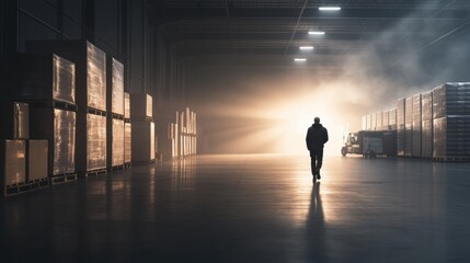 Poster - Warehouse worker walking towards light industrial setting photography shadows solitude for business impact