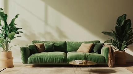 Canvas Print - Home interior mock-up with green sofa, table, plant and decor in living room, 3d rendering