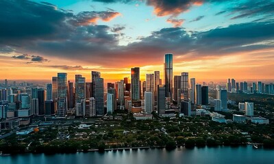 Wall Mural - Beautiful timelapse of sunset in the modern European city, business and financial district with skyscrapers 