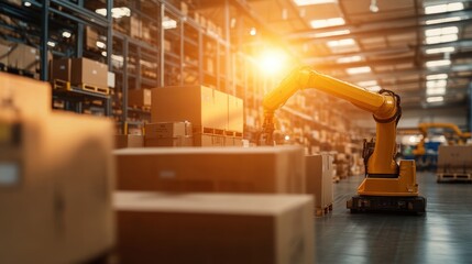Poster - Automated robotic arm handling packages warehouse industrial operation indoor environment close-up view efficiency concept