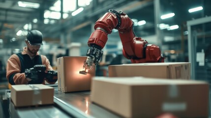 Poster - Robotic arm assisting worker in industrial warehouse automation process manufacturing environment close-up perspective