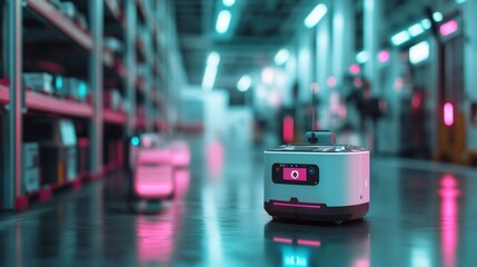 Poster - Autonomous robots performing warehouse operations industrial setting technology showcase futuristic environment close-up view automation concept