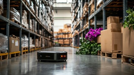 Poster - Robotic vacuum action warehouse location automation technology indoor environment ground viewpoint efficiency concept for logistics