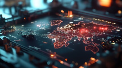 Poster - Dynamic global network visualization digital interface interactive map high-tech environment aerial perspective data representation