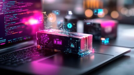 Poster - Innovative technology integration modern workspace digital content virtual environment close-up view future concepts for seo growth