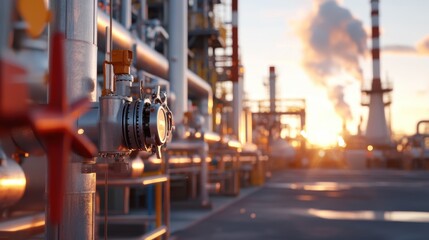 Poster - Industrial operations at sunset oil refinery photography urban landscape close-up view energy production insights