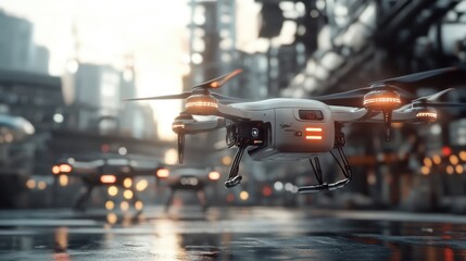 Poster - Drones in action urban landscape technology showcase futuristic environment aerial view innovation in motion