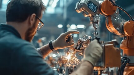 Poster - Industrial engineer operating robotics in manufacturing facility sparks flying high-tech environment precision work