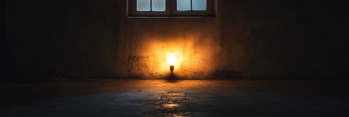 Aufkleber - A solitary light source brightens a dark, empty room, casting shadows and evoking feelings of isolation while offering space for text. Generative AI