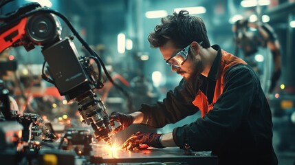 Poster - Innovative manufacturing techniques industrial workshop action scene high-tech environment close-up view engineering concept