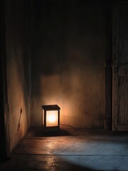 Fototapete - A small light source softly glows in a dark, empty room, evoking feelings of isolation and providing a blank space for reflection or text. Generative AI