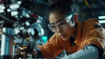 Poster - Innovative engineering process laboratory research and development high-tech environment close-up female engineer focused on robotics