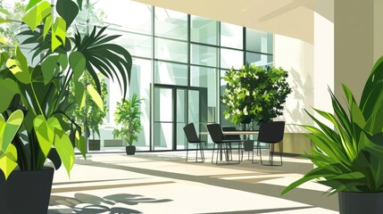 Canvas Print - Illustration of business open green modern office daytime daylight. Working culture chill happy enjoy workplace work life balance plant green interior sustainable design contemporary sustainability