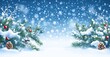 © SKIMP Art - Christmas background with snow and pine branches, blue bokeh lights Winter holiday decoration Christmas card design template Generative AI