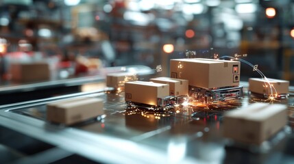Poster - Automated package sorting in modern warehousing logistics hub digital technology industrial environment close-up view innovation