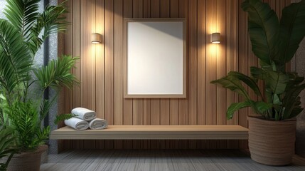 Canvas Print - illustration of mock-up wall decor frame, empty frame on wooden wall in sauna room or rest room