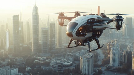 Poster - Flying drone technology over urban skyline aerial view futuristic cityscape modern innovation high-tech environment