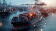 © Chanwit - Container ship navigating port waters dynamic cargo transport urban industry aerial view maritime logistics