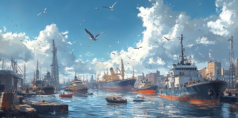 Poster - A bustling harbor scene with ships, cranes, and seagulls under a bright sky.