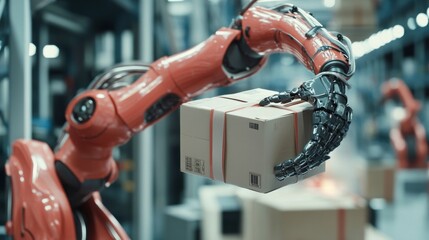 Poster - Robotic arm handling packages warehouse technology showcase industrial setting close-up view automation innovation