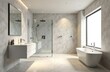 © Вера Щербакова - A refined bathroom with minimalist design, including a floating vanity, a walk-in rain shower, and elegant fixtures.