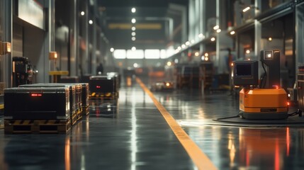Poster - Automated transport vehicles at a warehouse facility industrial setting digital art high-resolution perspective logistics efficiency
