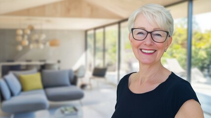 Canvas Print - Woman is smiling in front of a white wall