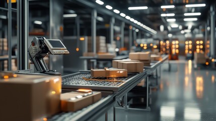 Poster - Automated packaging process warehouse facility industrial operation modern environment wide-angle view efficiency concept